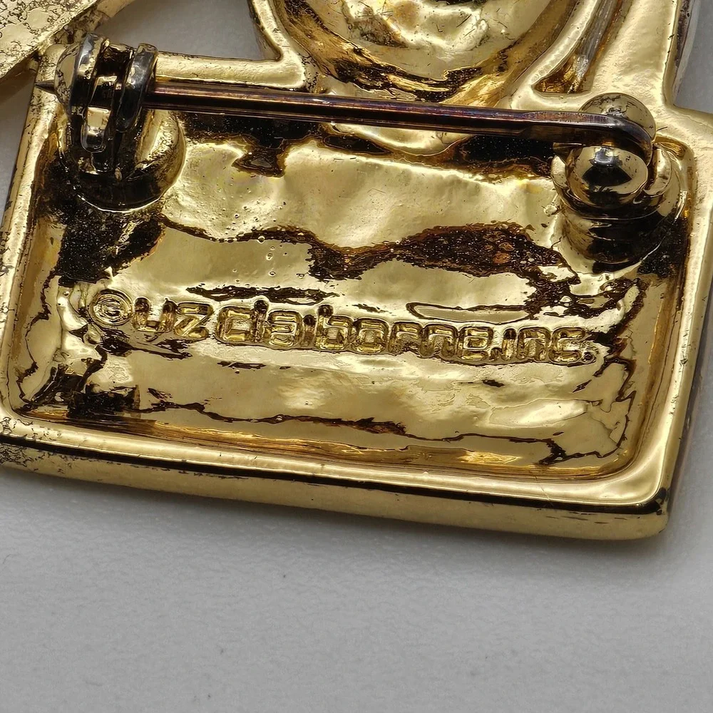 Vintage LIZ CLAIBORNE Signed Brooch Kitten in Gift Box Gold and Silver Tone Pin